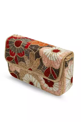 Red suede floral embroidered clutch