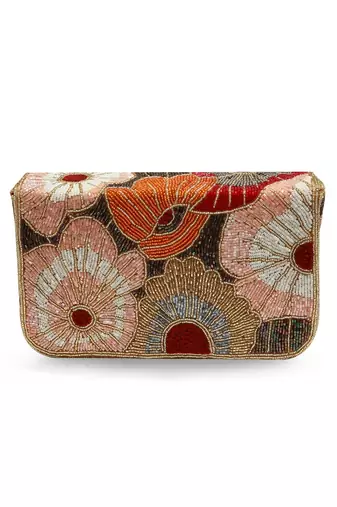 Red suede floral embroidered clutch