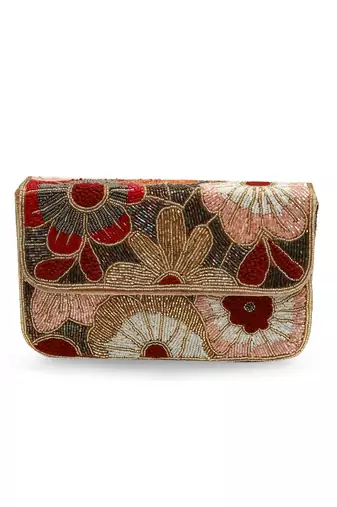Red suede floral embroidered clutch
