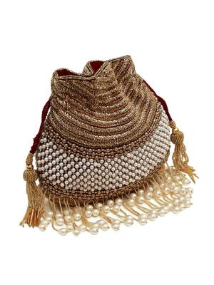 Gold suede pearl embroidered potli bag 1