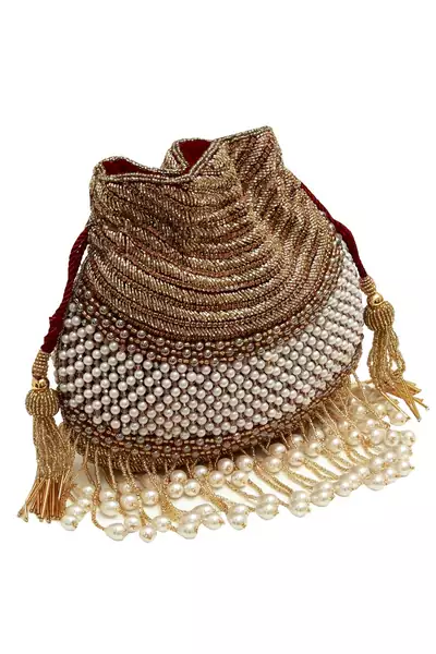 Gold suede pearl embroidered potli bag