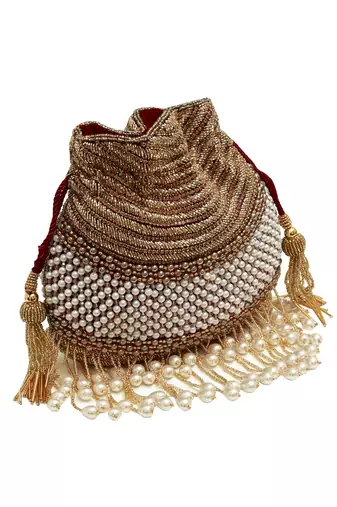 Gold suede pearl embroidered potli bag