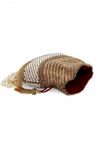 Gold suede pearl embroidered potli bag