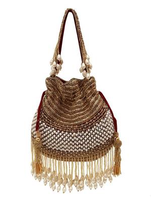 Gold suede pearl embroidered potli bag 3