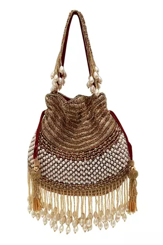 Gold suede pearl embroidered potli bag