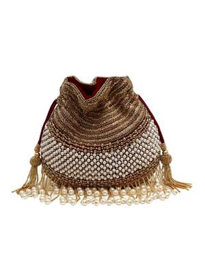 Gold suede pearl embroidered potli bag 4