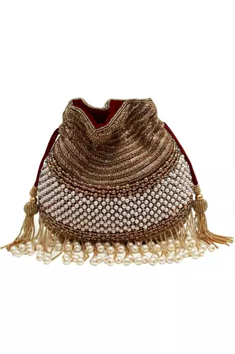 Gold suede pearl embroidered potli bag
