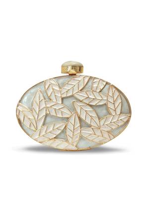 Gold suede floral embroidered clutch 2
