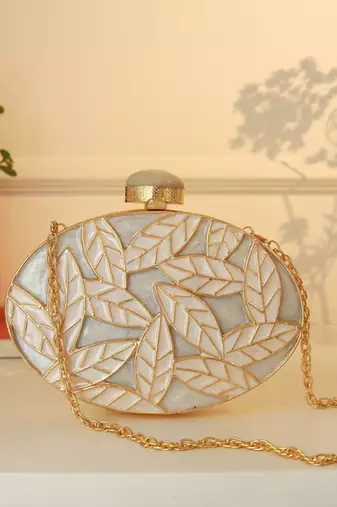 Gold suede floral embroidered clutch