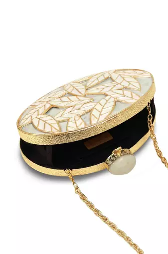 Gold suede floral embroidered clutch