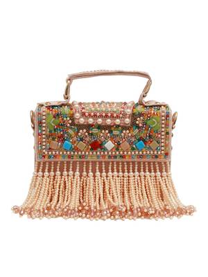 Multicolor suede pearl embroidered clutch 1