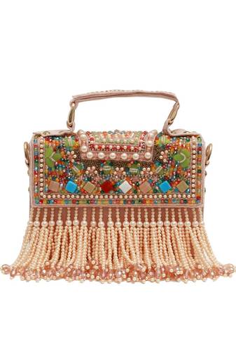 Multicolor suede pearl embroidered clutch