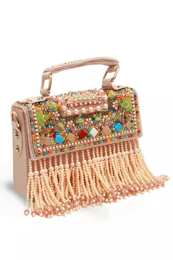 Multicolor suede pearl embroidered clutch