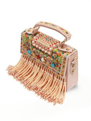 Multicolor suede pearl embroidered clutch 3
