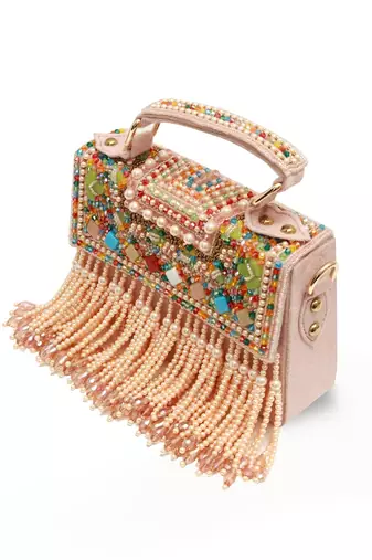 Multicolor suede pearl embroidered clutch