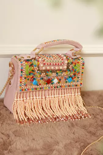 Multicolor suede pearl embroidered clutch