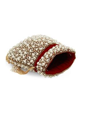 Red suede pearl embroidered potli bag 1