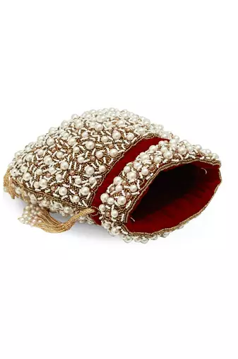 Red suede pearl embroidered potli bag