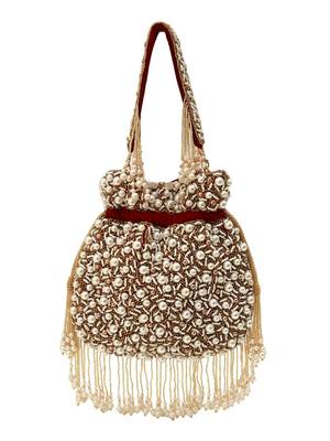 Red suede pearl embroidered potli bag 2