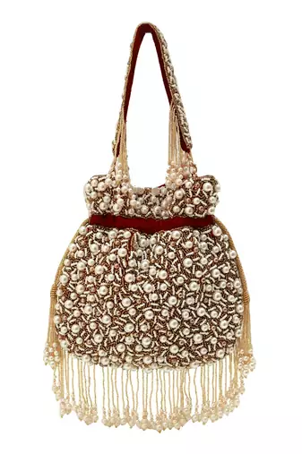 Red suede pearl embroidered potli bag