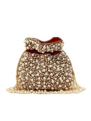 Red suede pearl embroidered potli bag 3