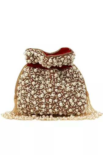 Red suede pearl embroidered potli bag