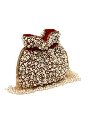Red suede pearl embroidered potli bag 4