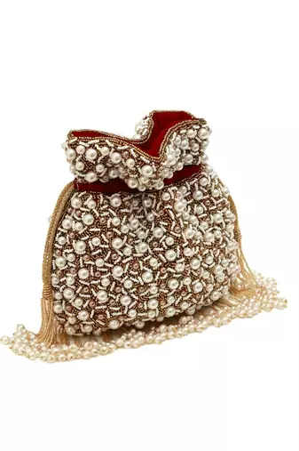 Red suede pearl embroidered potli bag