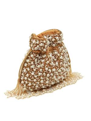 Gold suede pearl embroidered potli bag 1