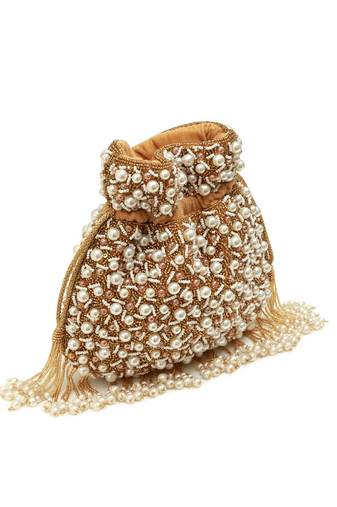 Gold suede pearl embroidered potli bag