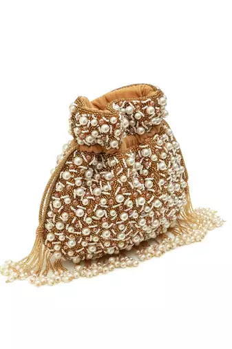 Gold suede pearl embroidered potli bag