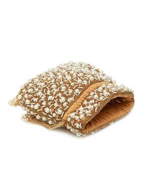 Gold suede pearl embroidered potli bag 2
