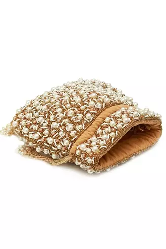 Gold suede pearl embroidered potli bag