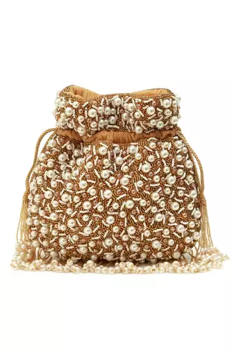 Gold suede pearl embroidered potli bag