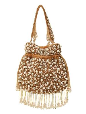 Gold suede pearl embroidered potli bag 4