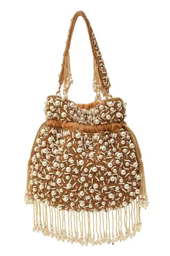 Gold suede pearl embroidered potli bag