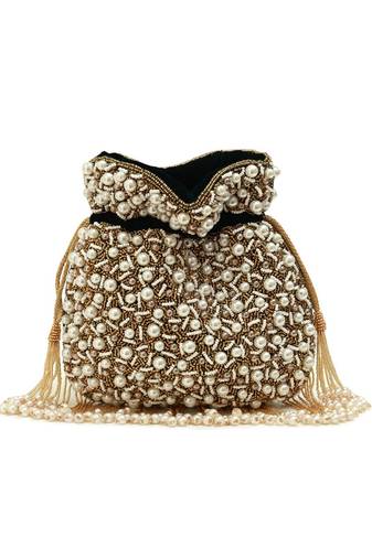 Black suede pearl embroidered potli bag