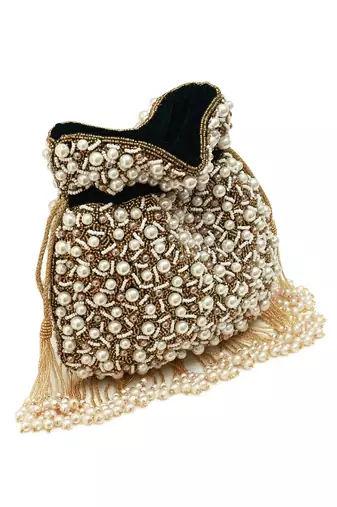 Black suede pearl embroidered potli bag