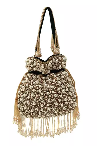 Black suede pearl embroidered potli bag