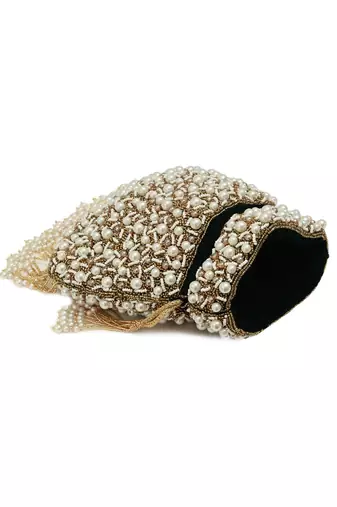 Black suede pearl embroidered potli bag
