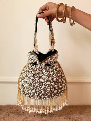 Black suede pearl embroidered potli bag 5