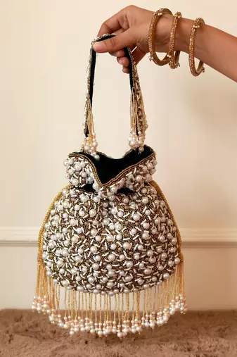 Black suede pearl embroidered potli bag