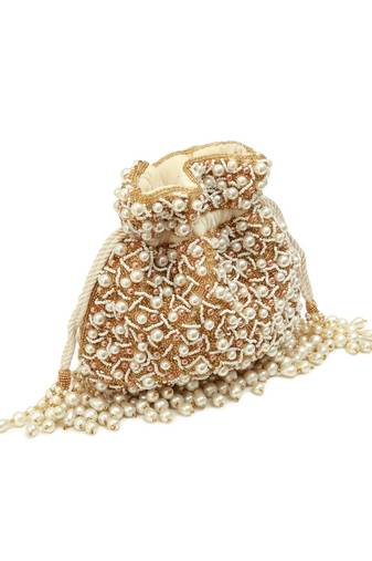 White suede pearl embroidered potli bag