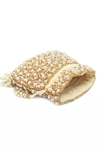 White suede pearl embroidered potli bag