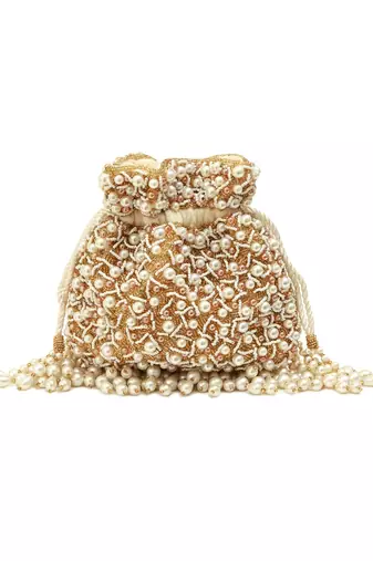 White suede pearl embroidered potli bag