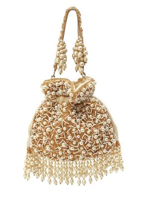 White suede pearl embroidered potli bag 4