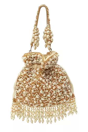 White suede pearl embroidered potli bag