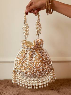 White suede pearl embroidered potli bag 5