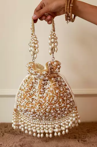 White suede pearl embroidered potli bag
