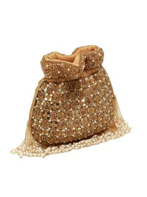 Gold suede pearl embroidered potli bag 1